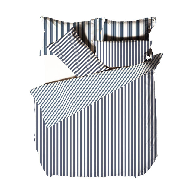 Hebden Cotton Striped Duvet Cover Set in navy and off-white, shown with matching pillowcases in a fine vertical stripe pattern against a plain white background.