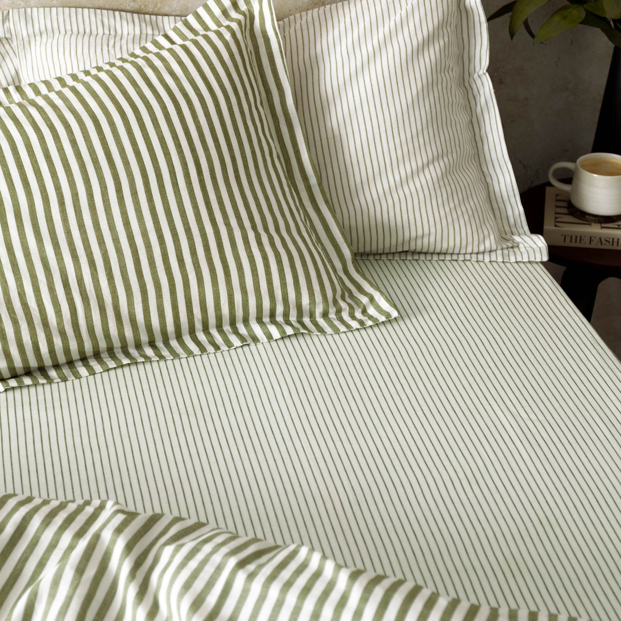 Hebden Striped Cotton Fitted Sheet - Olive