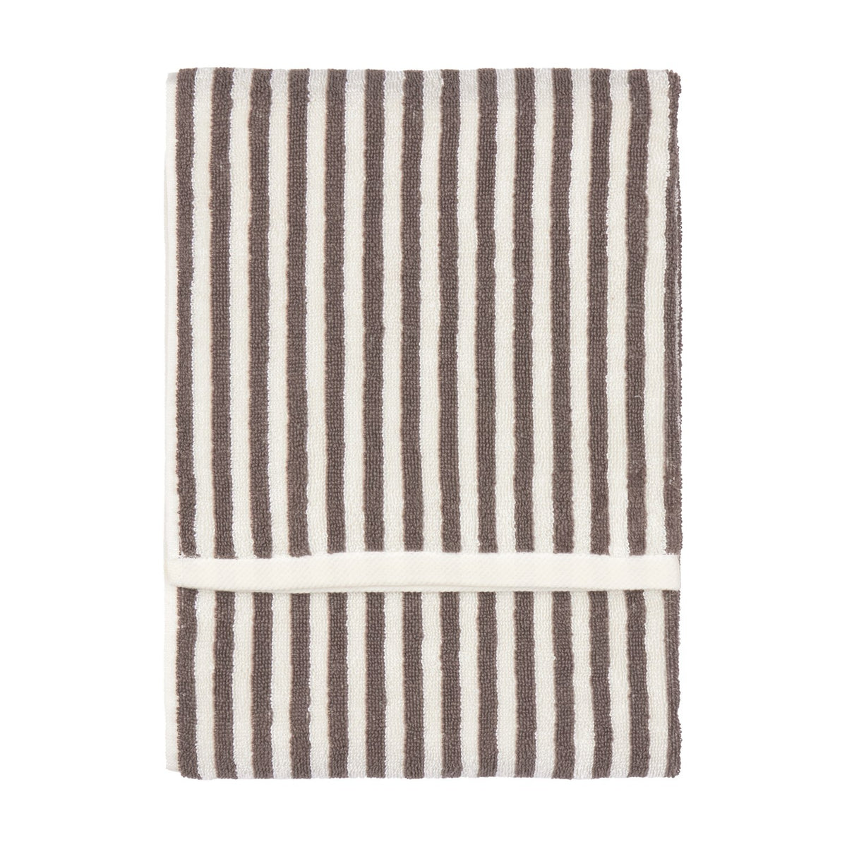 Hebden Striped Cotton Towel in chocolate brown and cream, folded with vertical stripes on a plain white background.