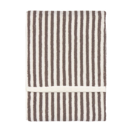 Hebden Striped Cotton Towel in chocolate brown and cream, folded with vertical stripes on a plain white background.