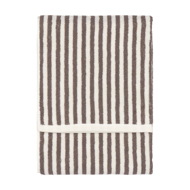 Hebden Striped Cotton Towel in chocolate brown and cream, folded with vertical stripes on a plain white background.