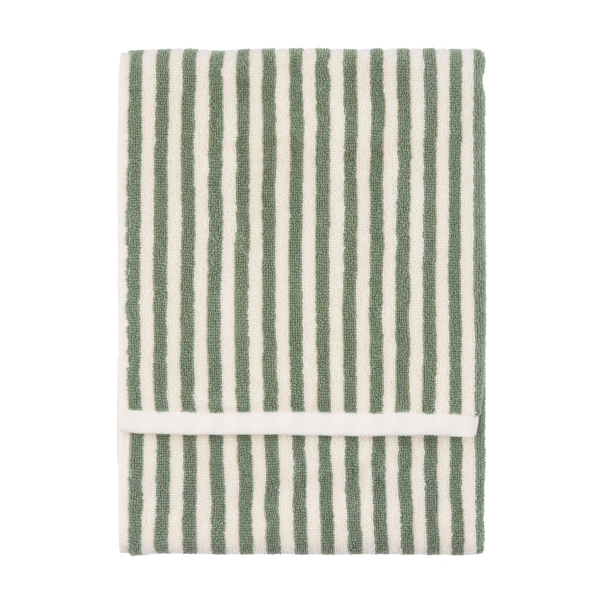 Hebden Striped Cotton Towel in Forest, folded cotton terry towel with vertical green and cream stripes, shown on a plain white background.