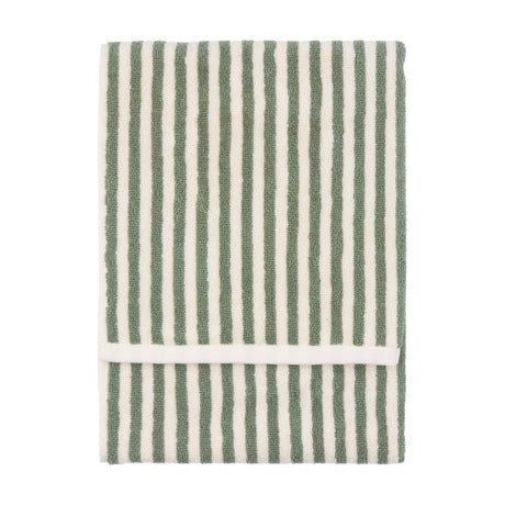 Hebden Striped Cotton Towel in Forest, folded cotton terry towel with vertical green and cream stripes, shown on a plain white background.