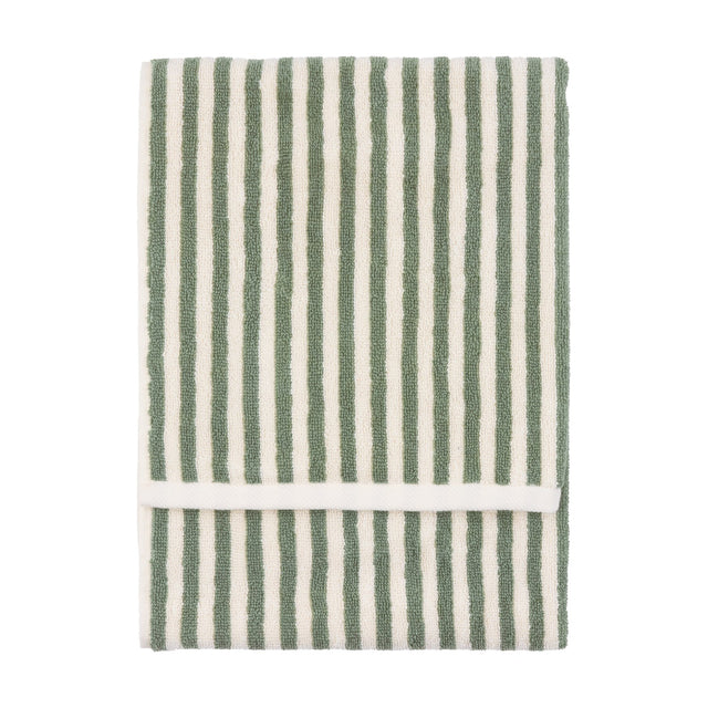 Hebden Striped Cotton Towel in Forest, folded cotton terry towel with vertical green and cream stripes, shown on a plain white background.
