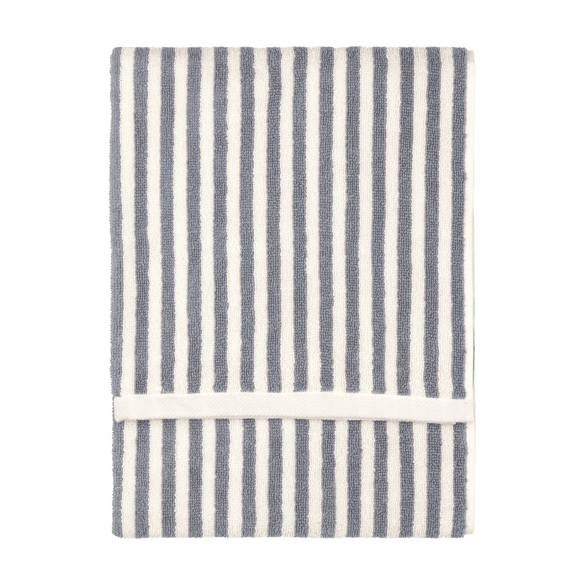 Folded Hebden cotton terry towel with vertical grey and cream stripes and a white woven trim, shown on a plain white background.
