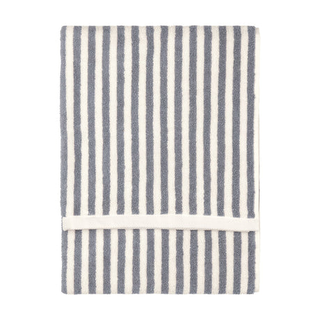 Folded Hebden cotton terry towel with vertical grey and cream stripes and a white woven trim, shown on a plain white background.