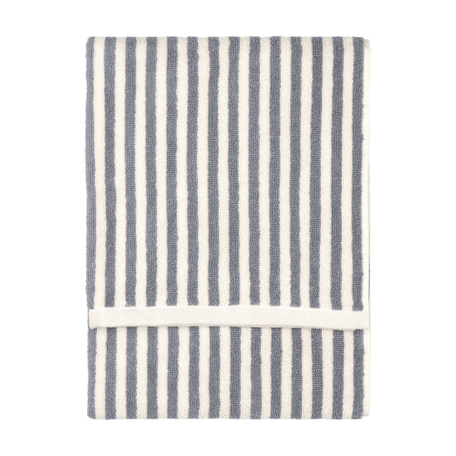 Folded Hebden cotton terry towel with vertical grey and cream stripes and a white woven trim, shown on a plain white background.