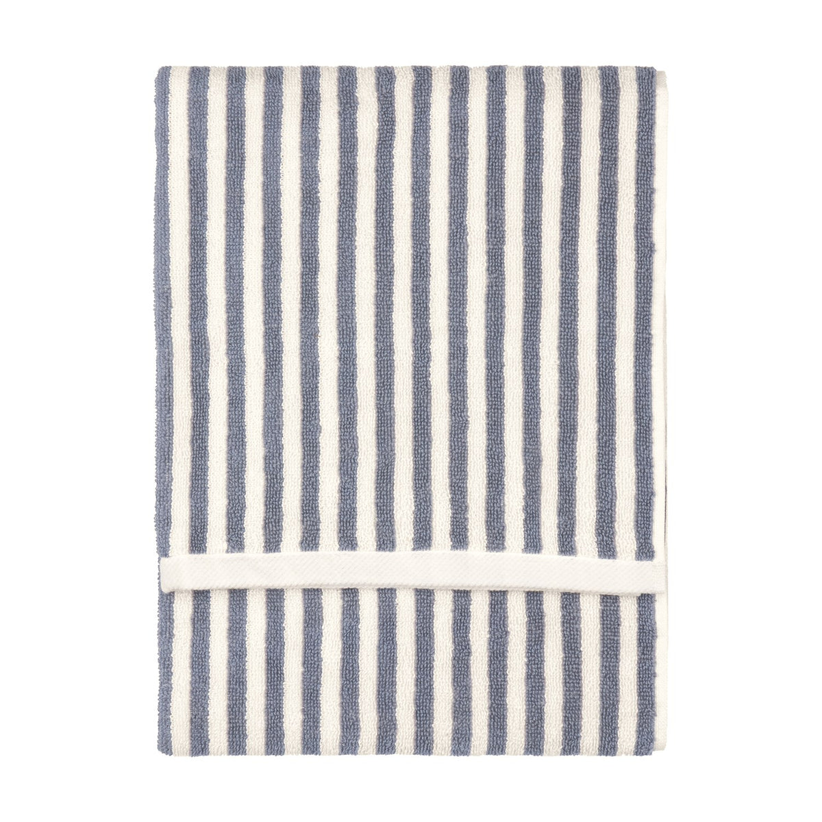 Hebden Striped Cotton Towel in mineral blue, folded flat with vertical woven stripes against a cream ground, shown on a plain white background.