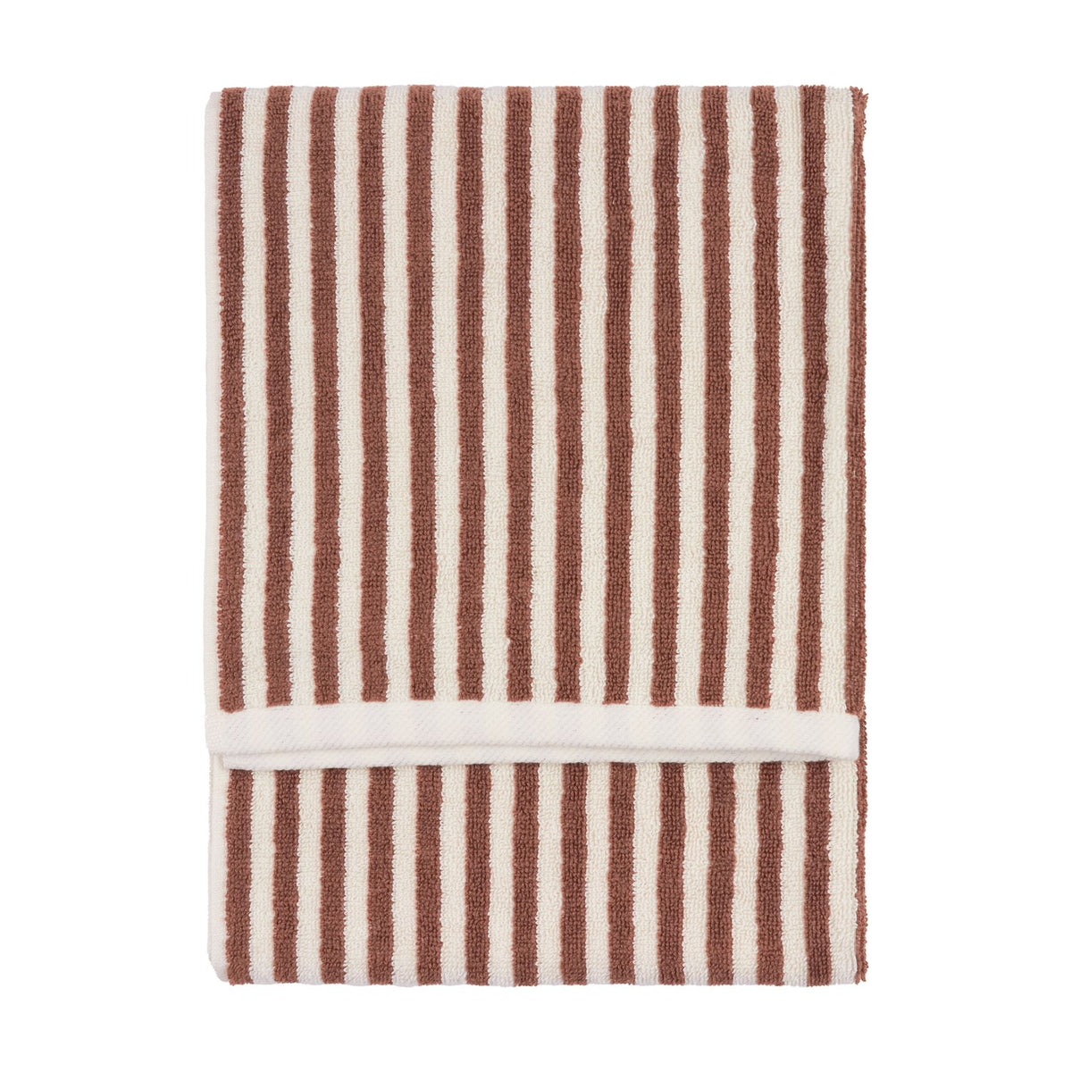 Folded cotton towel with vertical pecan brown and cream stripes and a looped terry pile, shown on a plain white background.
