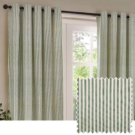Hebden Cotton Printed Eyelet Curtains in Forest, showing forest green vertical stripes on off-white cotton fabric with eyelet header, hung on a black rod by a window, with a fabric swatch inset.