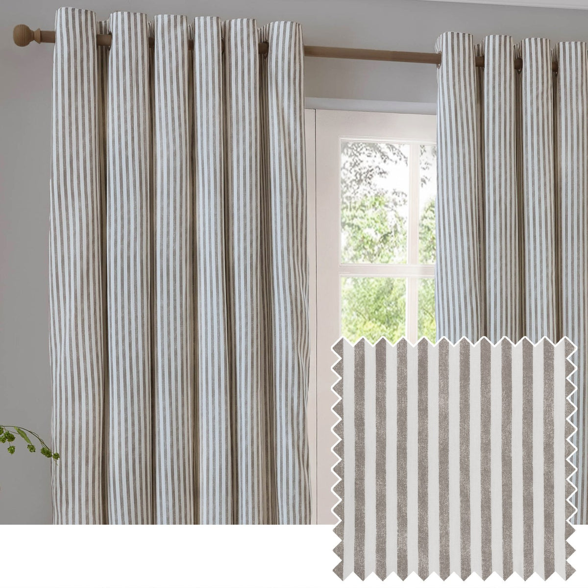 Hebden Cotton Printed Eyelet Curtains in Mole, showing mole-brown and off-white striped panels with eyelet headers hung on a wooden pole in a living room window setting, with a fabric swatch inset.
