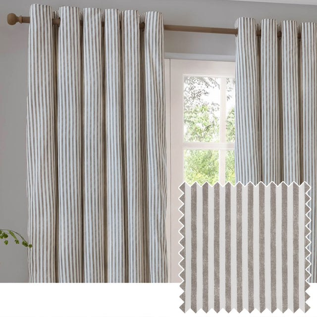 Hebden Cotton Printed Eyelet Curtains in Mole, showing mole-brown and off-white striped panels with eyelet headers hung on a wooden pole in a living room window setting, with a fabric swatch inset.