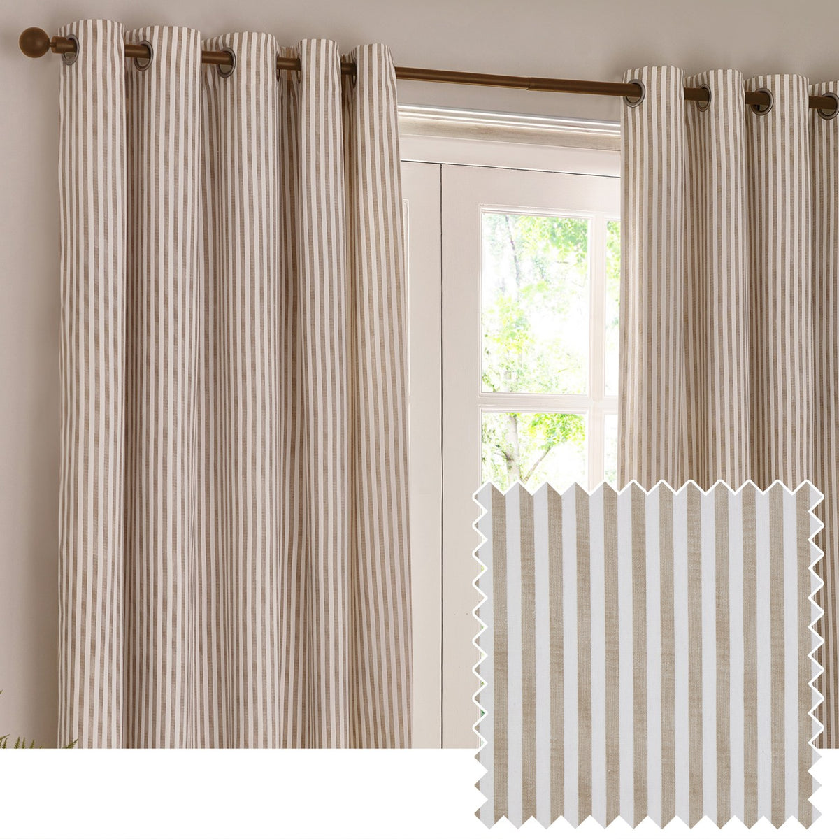 Hebden Cotton Printed Eyelet Curtains in Natural, showing narrow beige stripes on an off-white ground with bronze eyelet header hung on a pole beside a window, plus a folded fabric swatch.