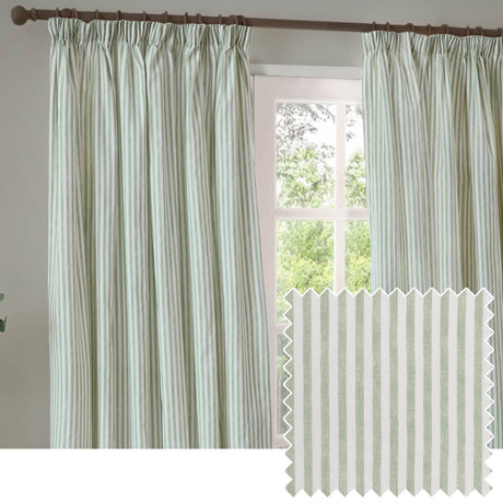 Hebden Striped Cotton Pencil Pleat Curtains in eucalyptus green and white, hung by a window with pencil pleat heading, shown beside a matching fabric swatch.