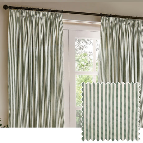 Hebden Striped Cotton Pencil Pleat Curtains in Forest, green and white vertical-stripe curtains hung on a dark pole beside a window, with a fabric swatch shown in the corner.