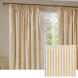 Hebden Striped Cotton Pencil Pleat Curtains in honey yellow and cream, hung at a window in pencil pleat heading, with a fabric swatch shown alongside.