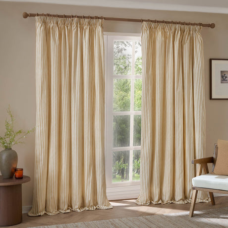 Hebden Striped Cotton Pencil Pleat Curtains - Honey Yellow