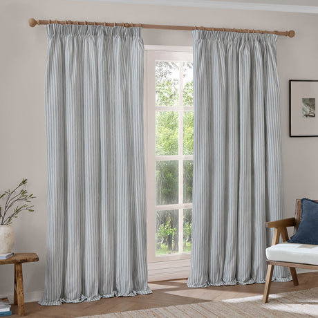 Hebden Striped Cotton Pencil Pleat Curtains - Mineral Blue