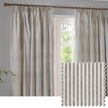 Hebden striped cotton pencil pleat curtains in mole-brown and cream, hung on a wooden pole beside a window in a light grey room, with a fabric swatch inset below.