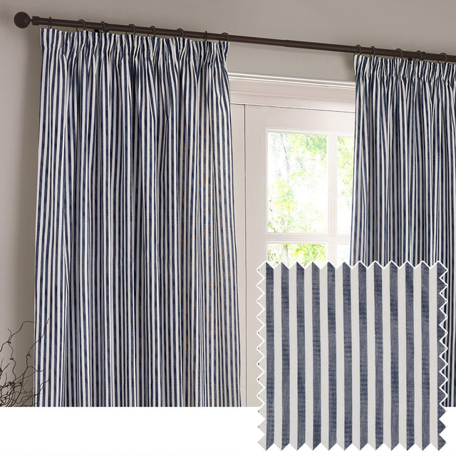 Hebden Striped Cotton Pencil Pleat Curtains in navy and white vertical stripe, hung at a window with a fabric swatch shown inset.