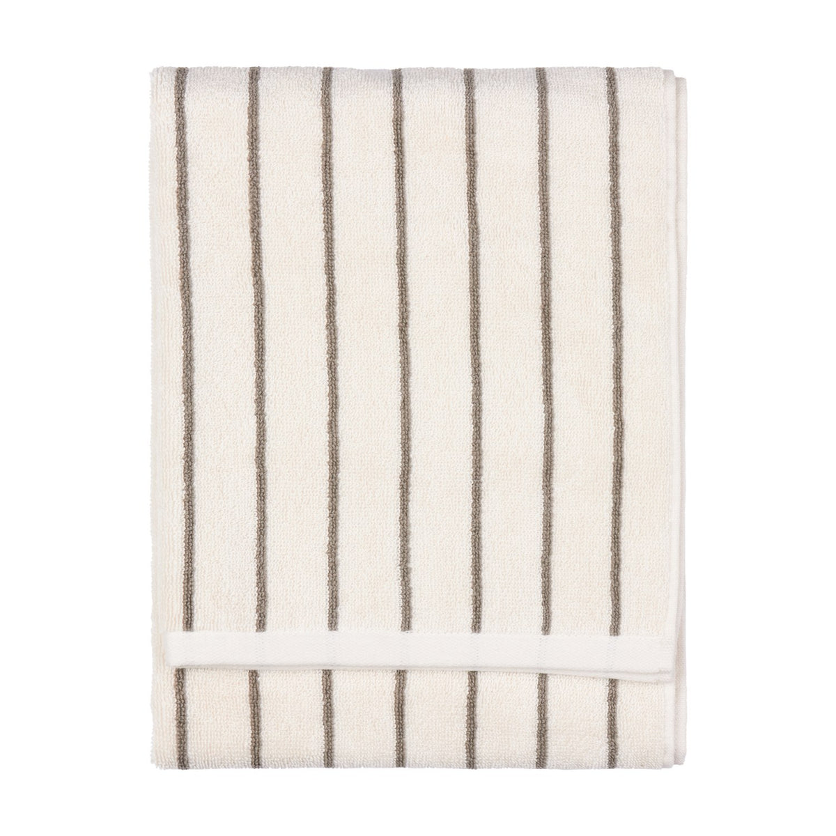 Folded Hebden Striped Cotton Towel in cream with narrow mole brown vertical stripes and a plain woven border, shown on a white background.