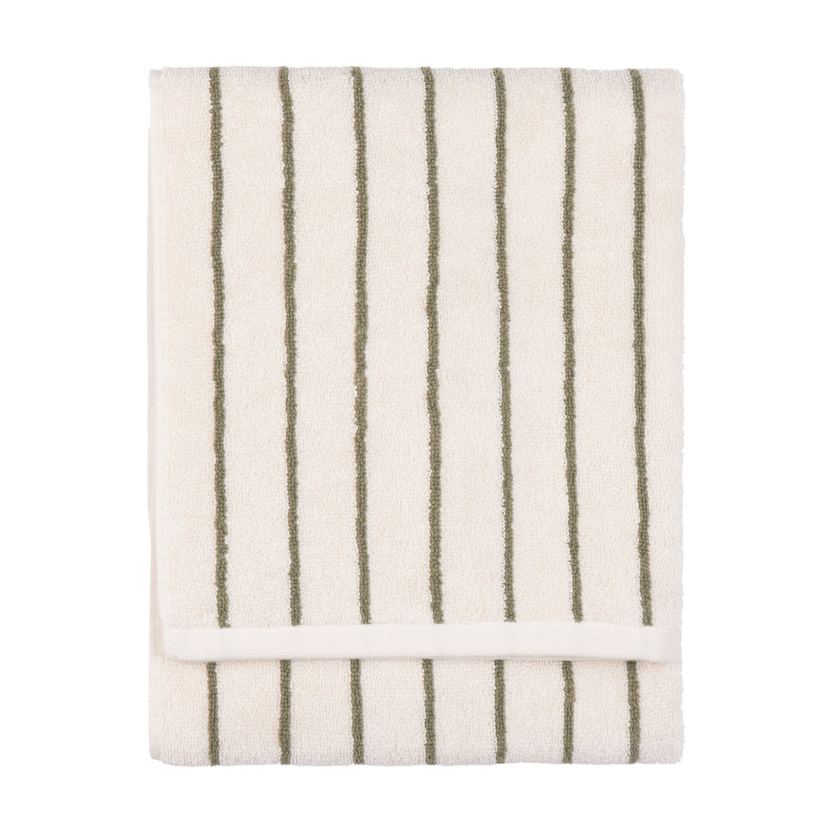 Folded Hebden cotton towel in cream with narrow olive-green vertical stripes and visible terry pile, shown on a plain white background.