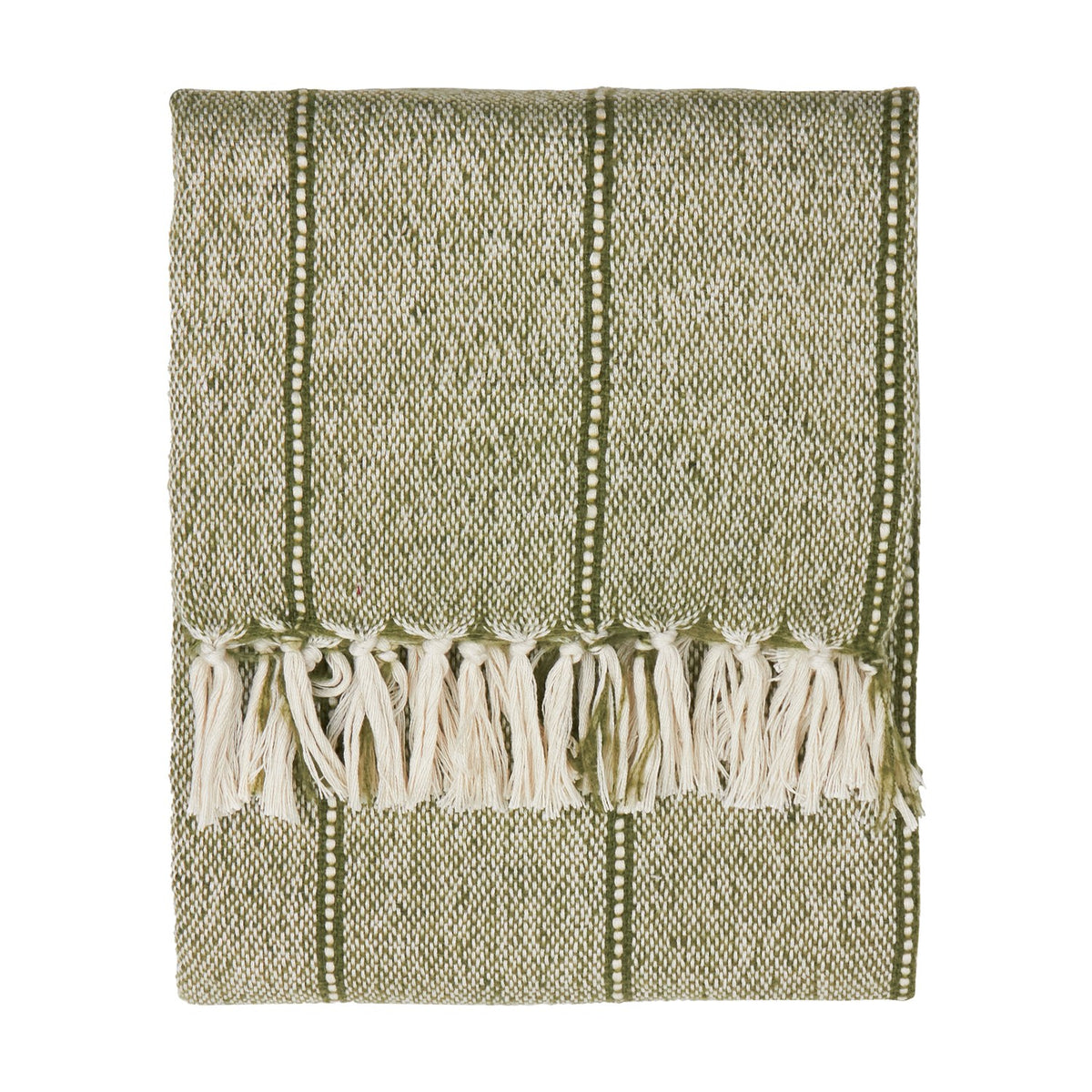 Hedon Striped Polyester Throw in moss green, folded flat with woven linear stripes and a knotted fringe edge, shown on a plain white background.