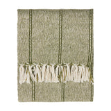 Hedon Striped Polyester Throw in moss green, folded flat with woven linear stripes and a knotted fringe edge, shown on a plain white background.