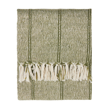 Hedon Striped Polyester Throw in moss green, folded flat with woven linear stripes and a knotted fringe edge, shown on a plain white background.