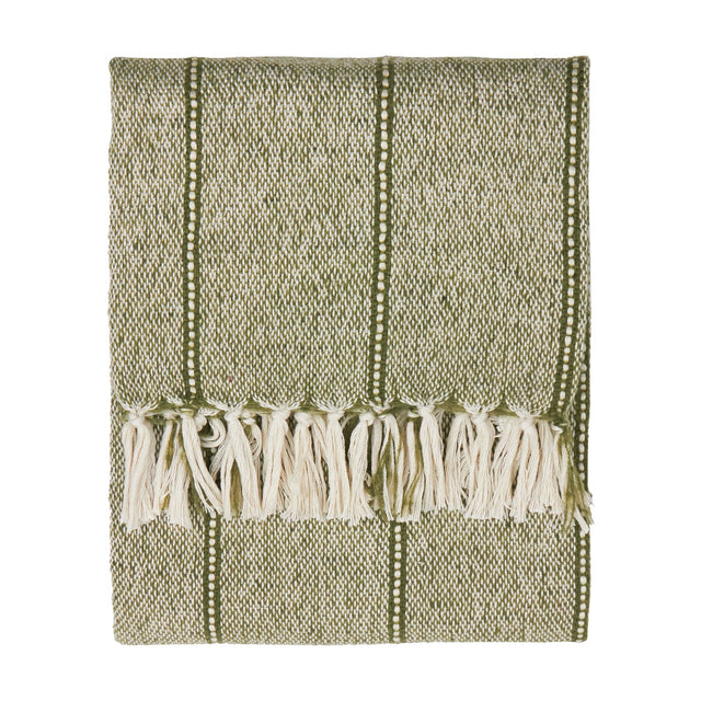 Hedon Striped Polyester Throw in moss green, folded flat with woven linear stripes and a knotted fringe edge, shown on a plain white background.