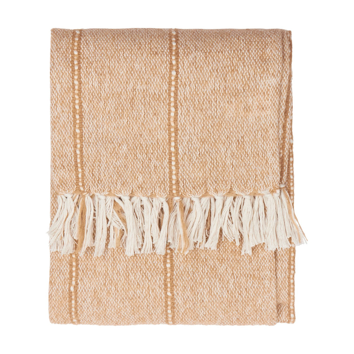 Hedon Striped Polyester Throw in natural sand tone with woven texture, thin stripes, and knotted cream fringe, folded on a plain white background.