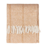Hedon Striped Polyester Throw in natural sand tone with woven texture, thin stripes, and knotted cream fringe, folded on a plain white background.
