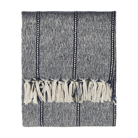 Hedon Striped Polyester Throw in navy and cream marl, folded flat with knotted fringe tassels at each end, shown on a plain white background.