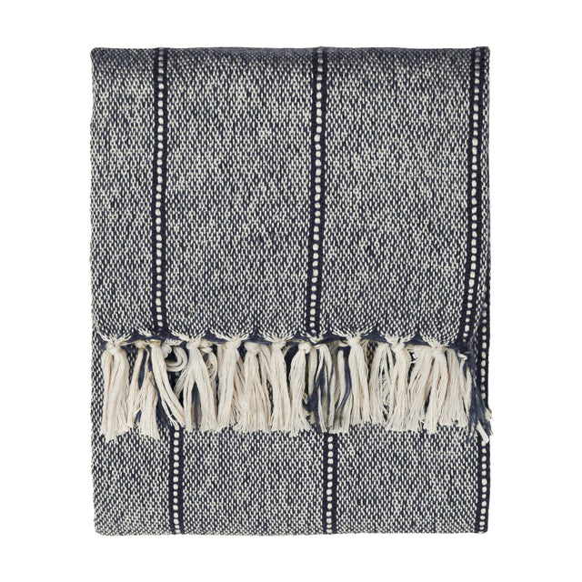 Hedon Striped Polyester Throw in navy and cream marl, folded flat with knotted fringe tassels at each end, shown on a plain white background.