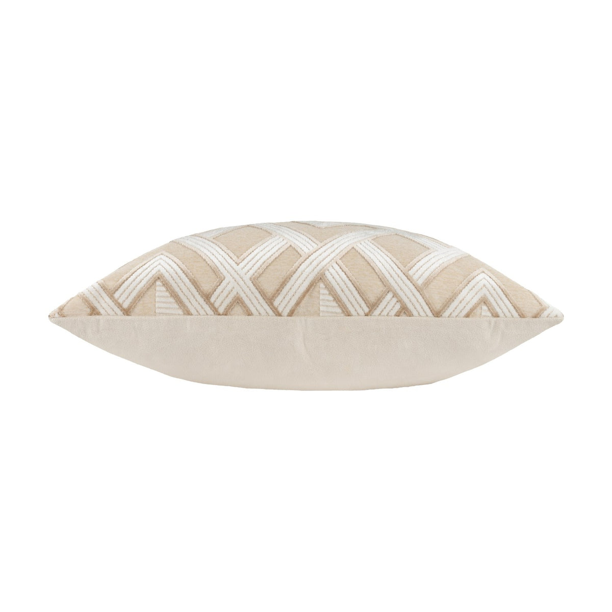 Side profile of the Henley Jacquard Velvet Cushion in warm taupe, showing a plain cream velvet reverse and the raised geometric diamond pattern edge, set on a white background.