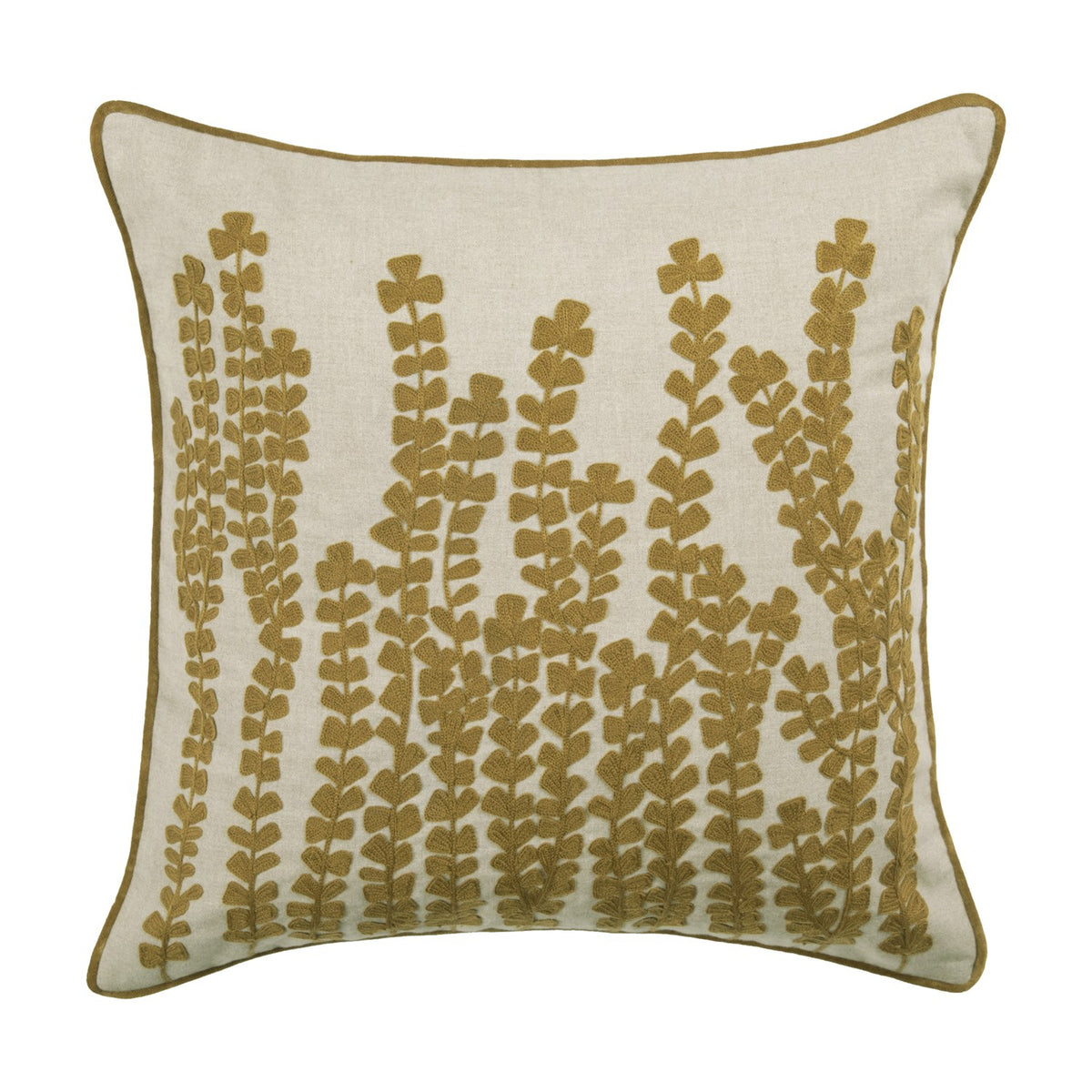 Herb Velvet Linen Cushion in Mustard, a square cotton-linen cushion with embroidered botanical stem design on a natural ground and piped edge, shown on a plain white background.