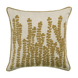 Herb Velvet Linen Cushion in Mustard, a square cotton-linen cushion with embroidered botanical stem design on a natural ground and piped edge, shown on a plain white background.