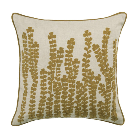 Herb Velvet Linen Cushion in Mustard, a square cotton-linen cushion with embroidered botanical stem design on a natural ground and piped edge, shown on a plain white background.