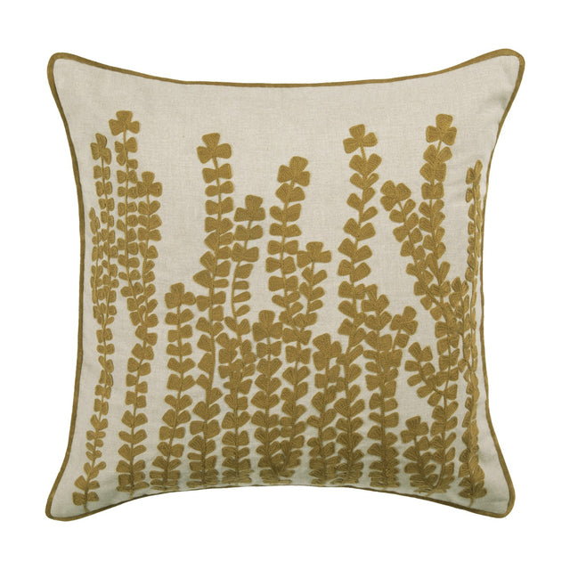 Herb Velvet Linen Cushion in Mustard, a square cotton-linen cushion with embroidered botanical stem design on a natural ground and piped edge, shown on a plain white background.