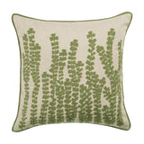 Square linen cushion with sage green embroidered fern fronds trailing up from the base on a natural fabric ground, finished with matching green piping, shown on a plain white background.