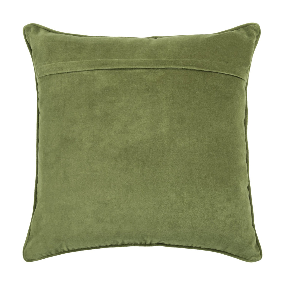 Herb Velvet Linen Cushion in Sage, shown from the plain sage green velvet reverse with a concealed horizontal seam opening, photographed on a white background.