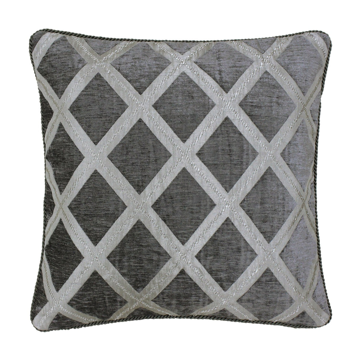Hermes reversible chenille cushion in graphite, square with a silvery diamond lattice pattern and twisted cord piping, shown on a plain white background.