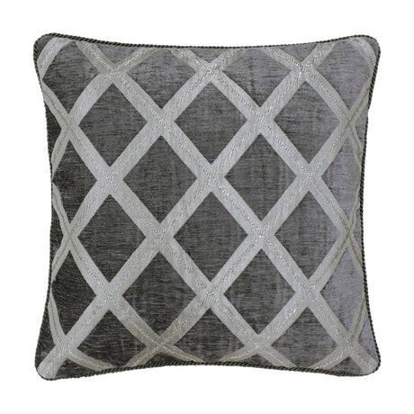 Hermes reversible chenille cushion in graphite, square with a silvery diamond lattice pattern and twisted cord piping, shown on a plain white background.