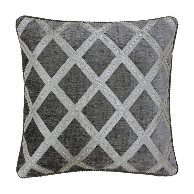 Hermes reversible chenille cushion in graphite, square with a silvery diamond lattice pattern and twisted cord piping, shown on a plain white background.