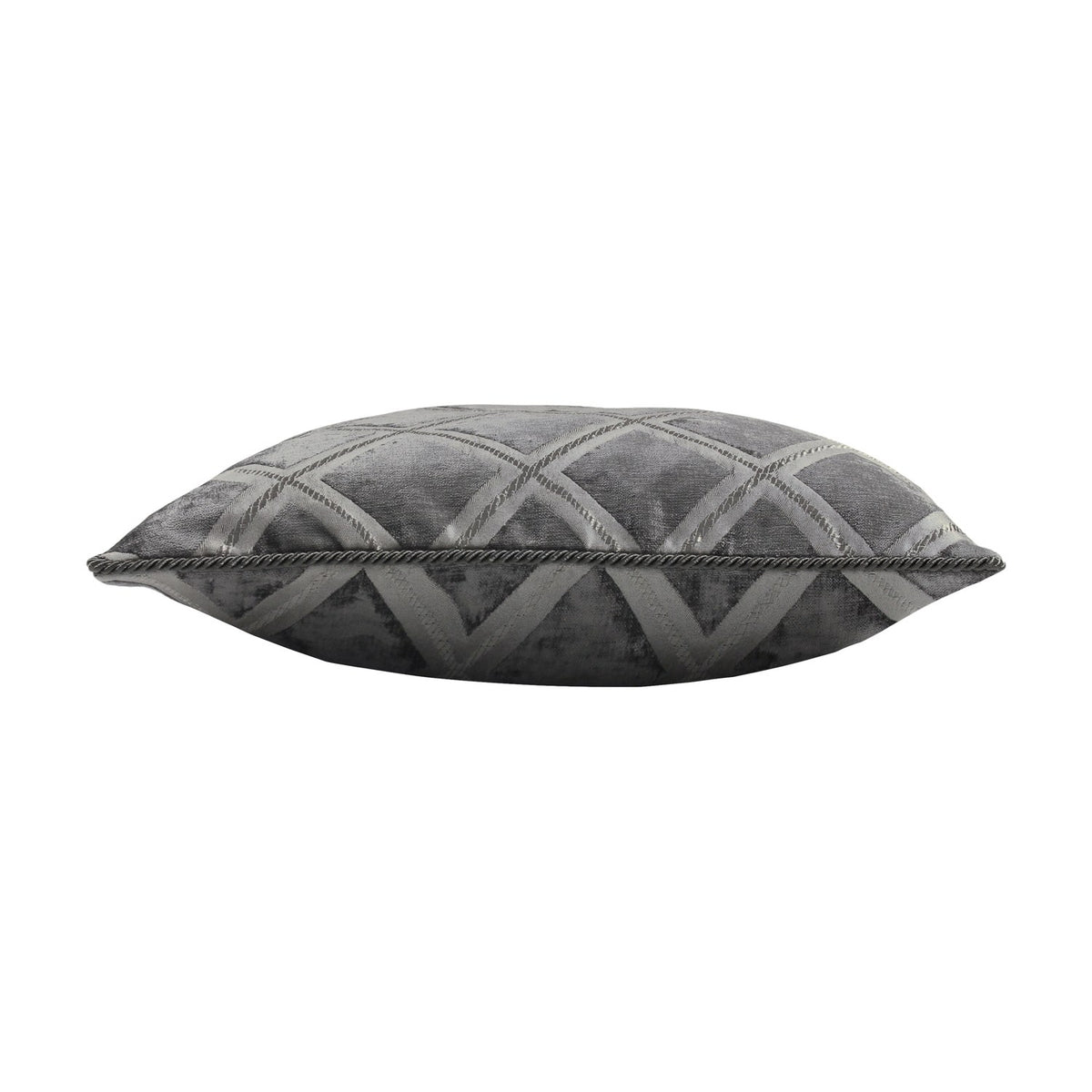 Hermes Reversible Chenille Cushion in graphite, shown side-on with a silvery diamond lattice pattern and dark cord trim on a plain white background.