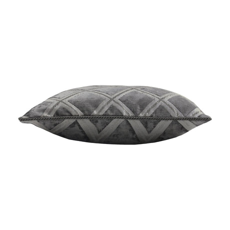 Hermes Reversible Chenille Cushion in graphite, shown side-on with a silvery diamond lattice pattern and dark cord trim on a plain white background.