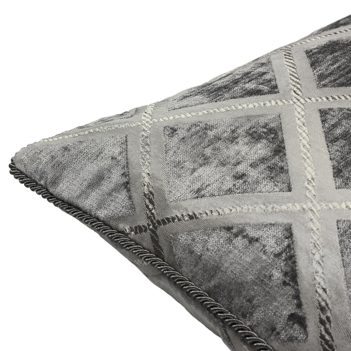 Close-up of the Hermes Reversible Chenille Cushion in graphite, showing chenille fabric with a silvery diamond lattice pattern and twisted cord edge trim.