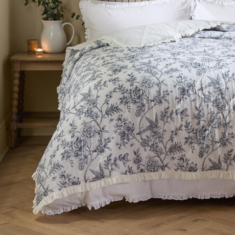 Hermione Linen Cotton Bedspread - Ivory Blue