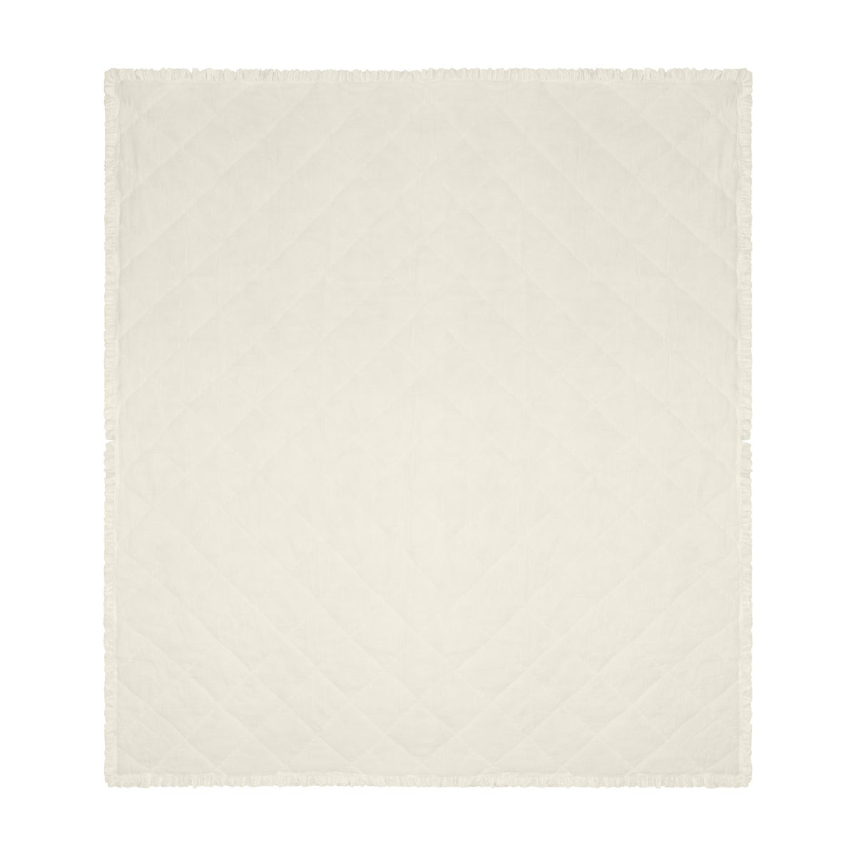 Hermione Linen Cotton Bedspread in cream with a diamond quilted pattern and a ruffled edge trim, shown against a plain white background.