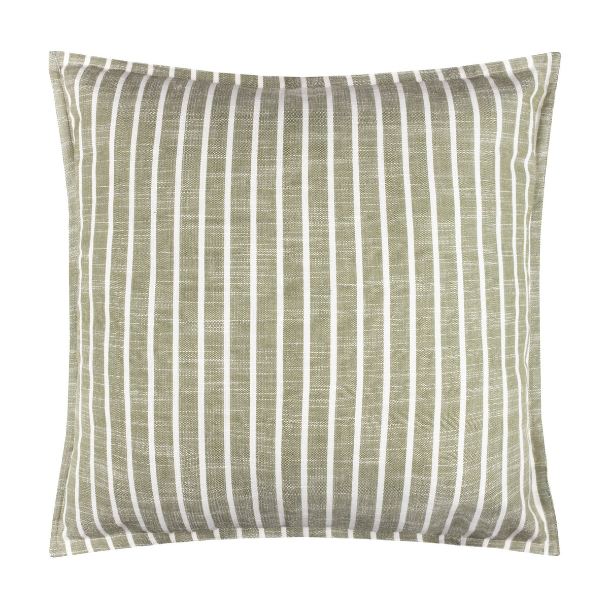 Hessle Stripe square cushion in eucalyptus green with white yarn-dyed vertical stripes, cotton cover with piped edge, shown on a plain white background.